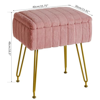 IBUYKE Vanity Stool Chair with Storage, Faux Fur Ottoman, Pink LG-50P | Footrest Footstool Small Side Table 4 Metal Legs Anti-Slip Feet Makeup Room Bedroom