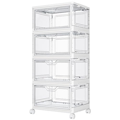 Kmiectse Clear Storage Bins with Lids - 4 Tier 23qt Plastic Stackable Bins | Closet Organizers Box for Bedroom, Living Room, 23 QT Folding Box with Magnetic door