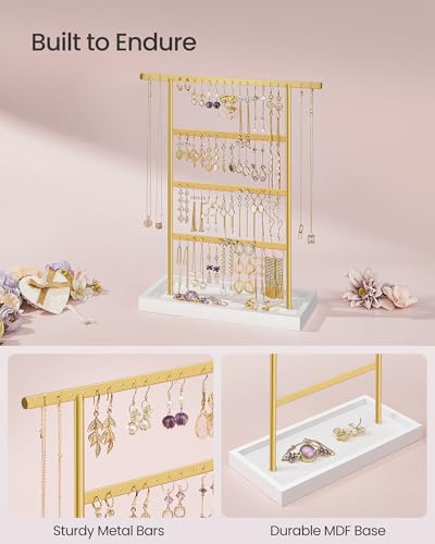SONGMICS Jewelry Organizer, 4-Tier Earring Holder Organizer Stand with Base Tray, for Studs and Necklaces, Vintage, White and Gold Color UJJS019A01 | For Studs and Necklaces, Vintage, White and Gold Color, CAELEY Collection UJJS019A01