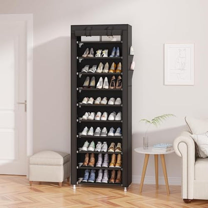 UDEAR 10-Tier Shoe Rack Organizer for Entryway with Dustproof Cover,Black | Free Standing,Shoe Shelf for Closet,Garage,Dorm,Large Capacity,Front Door Entrance, Vertical Tall Narrow Shoe Rack