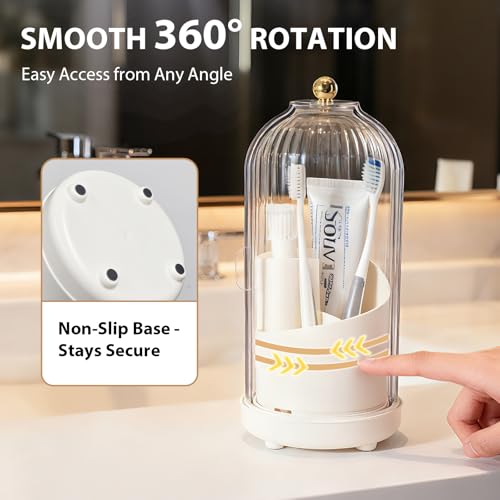 3-Slot Coverd Rotating Toothbrush Holders with Lid for Bathrooms | Plastic Enclosed Tooth brush Holder, Countertop Makeup Brush Holder for Vanity, Utensil Storage-White