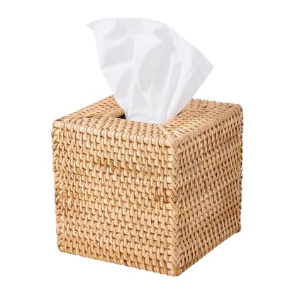 Hand-Woven Rattan Tissue Box Cover, Square Wicker Tissue Holder, Natural Woven Facial Napkin Holder