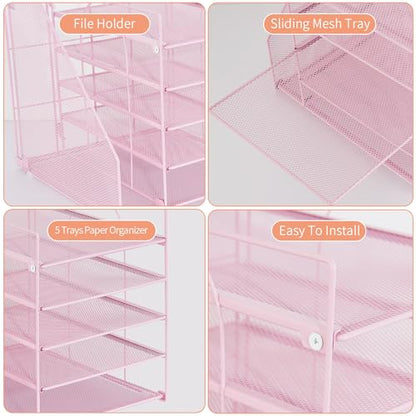 Desk Organizers and Accessories, 5-Tier Paper Letter Tray Organizer with File Holder, Desktop Organizer for Office Supplies (Pink)