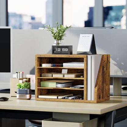 Wooden Mail Organizer, Desk Organizer with 3 Adjustable Shelves | Mail Sorter, File Organizer Desktop, Mail Holder for Home Office, Letter Sorter for Envelopes, Bills, Magazines, Rustic Brown