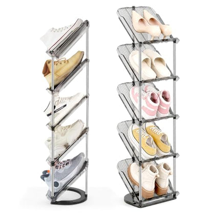 Patinao Sloping Narrow Shoe Rack 5 Tiers - Free Standing Vertical Shoes Racks for Small Spaces and Corner, Shoe Storage Organizer for Entryway, Tall Slim Shoe Shelf Cabinet for Shoes and Boots