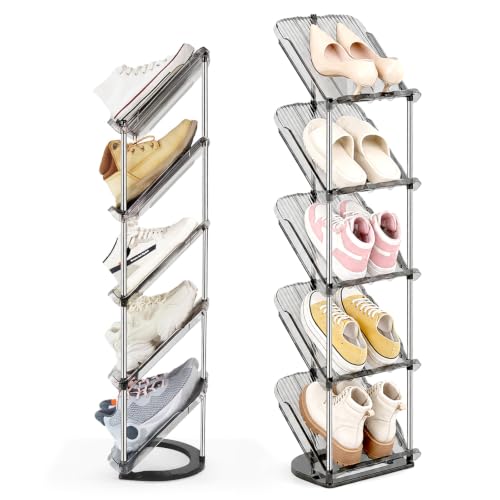 Patinao Sloping Narrow Shoe Rack 5 Tiers - Free Standing Vertical Shoes Racks for Small Spaces and Corner, Shoe Storage Organizer for Entryway, Tall Slim Shoe Shelf Cabinet for Shoes and Boots