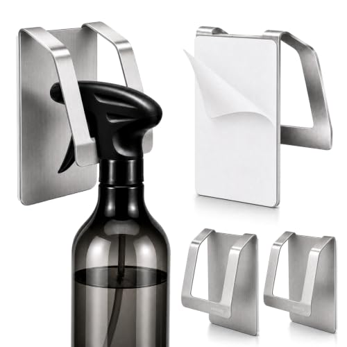 KIHOGEM Spray Bottle Hanger Adhesive 4pcs | Spray Bottle Hook Stainless Steel Spray Bottle Holder Wall Mount Non Drilling for Cabinet, Kitchen or Under Sink