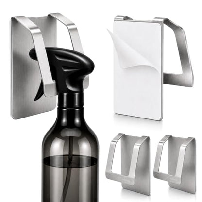 KIHOGEM Spray Bottle Hanger Adhesive 4pcs | Spray Bottle Hook Stainless Steel Spray Bottle Holder Wall Mount Non Drilling for Cabinet, Kitchen or Under Sink