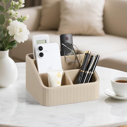 Small Remote Control Holder Bedside Nightstand Organizer Desk Caddy | 4 Compartments, Soft Velvet Lining, Decorative Modern Design, Aesthetic Stripes, Waterproof And Stain-Resistant
