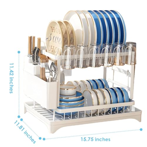 AIDERLY 2 Tier Dish Drying Rack, White | Iron, Removable Cutlery Basket, For Kitchen Counter