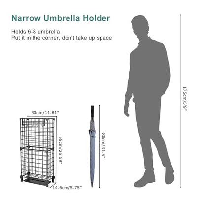AWTATOS Umbrella Holder Entryway, Umbrella Stand Freestanding, Black | Metal Square Umbrella Rack Organizer with a Removable Drip Tray, Hooks