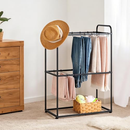 Freestanding Pants Rack Stand 2 Tier Black Pants Rack for Closet, Metal Trouser Rack with 26 Pant Hangers for Jeans, Scarves, Towels