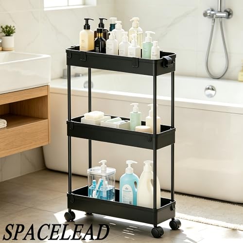 Slim Storage Cart 3 Tier,Bathroom Organizer Rolling Utility,Mobile Shelving Unit Slide Out for Office, Kitchen, Laundry Room & Narrow Places,Black