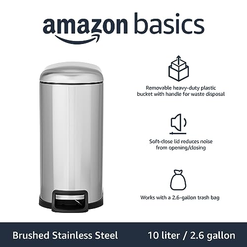 Amazon Basics D-Shaped Small Trash Can with Soft-Close Step Pedal, Removable Inner Bucket, Carrying Handle, Smudge Resistant, 10 l / 2.6 gallon, Silver