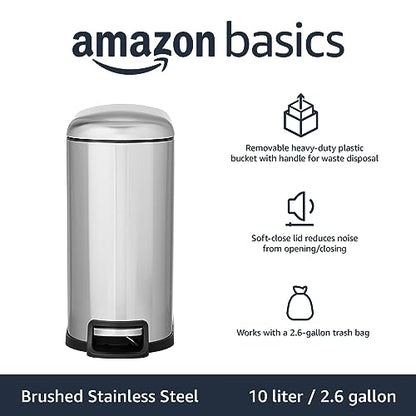Amazon Basics D-Shaped Small Trash Can with Soft-Close Step Pedal, Removable Inner Bucket, Carrying Handle, Smudge Resistant, 10 l / 2.6 gallon, Silver