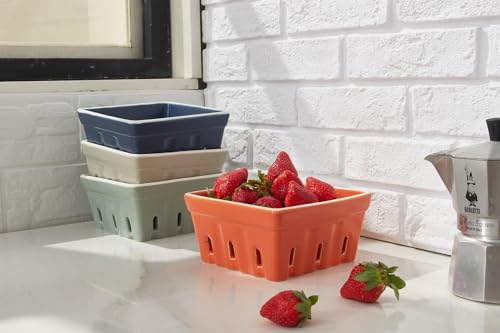 ONEMORE Ceramic Berry Basket, Square Fruit Bowls, Rustic Stoneware Berry Colander Set of 2, 5.7 inch, Gray & Light Green