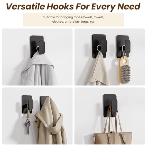 Large Heavy Duty Wall Hooks - 26lb Max, Stainless Steel Adhesive Towel Hooks for Hanging Towel, Coat, Robe, Hat, Sticky Towel Holder for Wall Mount in Bathroom, Shower, Kitchen (Black, 4 Pack)