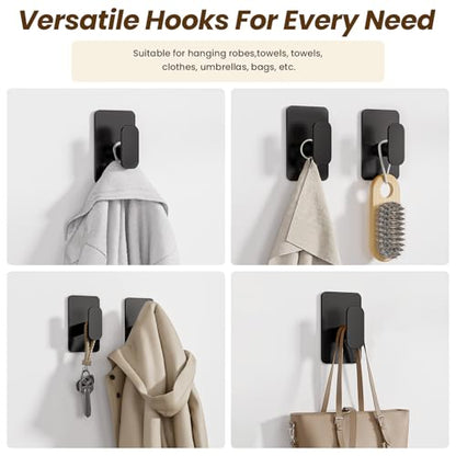 Large Heavy Duty Wall Hooks - 26lb Max, Stainless Steel Adhesive Towel Hooks for Hanging Towel, Coat, Robe, Hat, Sticky Towel Holder for Wall Mount in Bathroom, Shower, Kitchen (Black, 4 Pack)