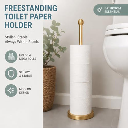 Songtec Gold Toilet Paper Holder Stand with Reserve, Floor Standing Tisse Roll Holder for 4 Rolls, Compact Design Bathroom Toilet Paper Storage - Gold