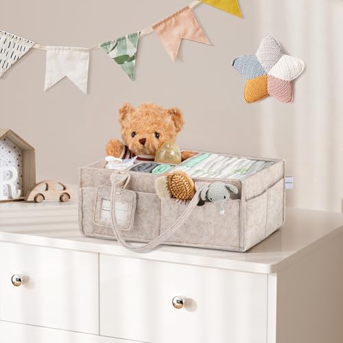 Diaper Caddy Organizer - Large Baby Caddy Organizer with Handle (Oatmeal) | Newborn Registry Essentials, Portable Nursery Storage Bin for Wipes, Bottles, Baby Shower Basket Gifts for Boys or Girls