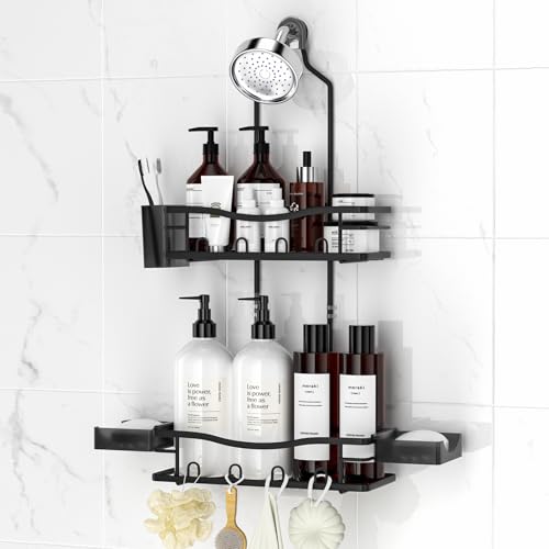 Rustproof Shower Caddy Hanging with Soap Holders for Bathroom, Black | Shower Organizer with Multi Hooks Toothbrush Holder, No Drilling, Anti-Swing, Storage for Shampoo Conditioner Body Wash