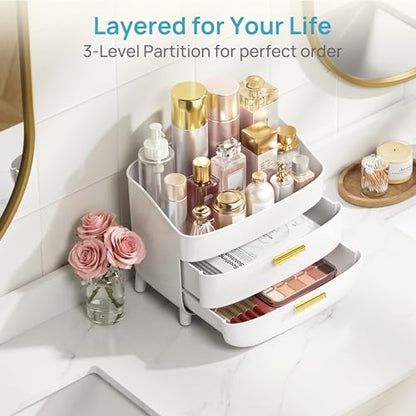 Vtopmart 3-Tier Skincare Makeup Organizer with Drawers, White | For Vanity,Dresser and Bathroom Countertop, Large Cosmetic Storage Box Case, , With Drawer, Non-Slip Base