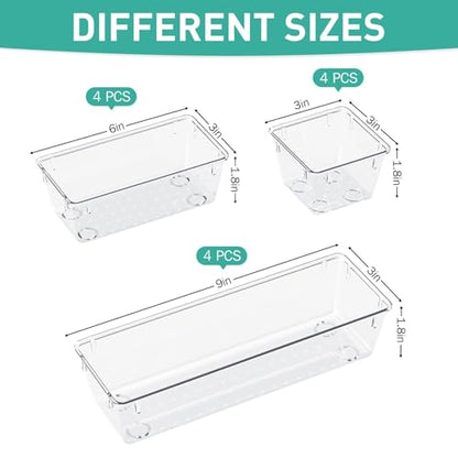 12 Pack Clear Drawer Organizer Set, Drawer Storage Trays, Storage Bins | Acrylic Drawer Storage Trays, Storage Bins for Makeup, Cosmetics, Jewelries, Utensils, Gadgets, Office