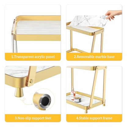 2-Tier Acrylic Bathroom Vanity Organizer, Gold | Bathroom Counter Storage Shelf with Marble-Look Tray, Holds Cosmetics, Perfume, Makeup & Skincare Products