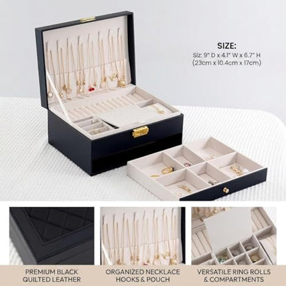 GUOER Jewelry Box for Women Girls, Two Layers Jewelry Organizer (Black) | Vintage Quilted Stitching PU Leather, Earrings Bracelets Rings Necklace Watches Storage Large Jewellery Holder Case Gifts