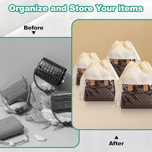 12 PCS Dust Bags for Handbags, Drawstring Bags, Beige, 4 Size | Dustproof Breathable Non Woven Fabric Cloth Pouch Bag, Purses Organizers Storage Bags for Handbags Shoes Purses