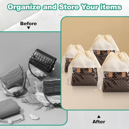 12 PCS Dust Bags for Handbags, Drawstring Bags, Beige, 4 Size | Dustproof Breathable Non Woven Fabric Cloth Pouch Bag, Purses Organizers Storage Bags for Handbags Shoes Purses