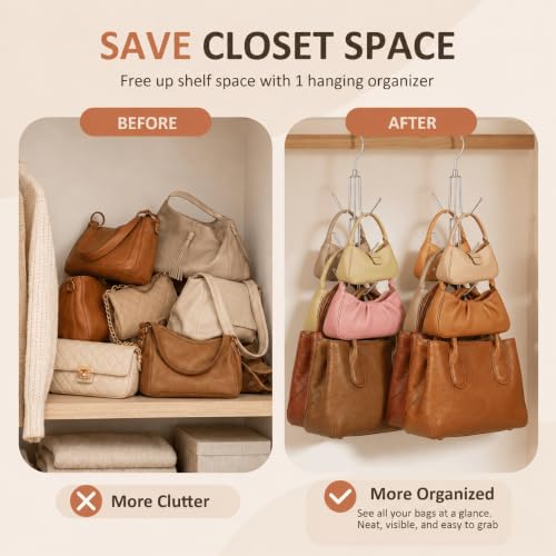 2 Pack Purse Hanger, Purse Organizer for Closet, Holds 12 Bags | Metal Hanging 12 Hooks Handbag Holder for Bag Storage, 360° Rotating Design Keeps Purses Visible and Easy to Access, Silver