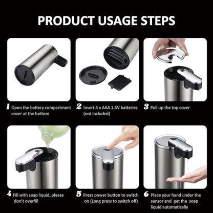 Automatic Soap Dispenser, Automatic Liquid Soap Dispenser Touchless, 12oz/340ml, 3-Level Adjustable, Battery Operated, Water-Resistant for Bathroom, Kitchen and School, Clog-Free, Stainless Steel