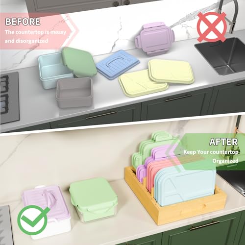 Lid Organizer for Cabinet – Bamboo Kitchen Storage for Plastic Lids, Adjustable Drawer Dividers, Food Container Organizer (Fits Cabinets & Drawers) (Large)