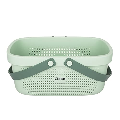 Plastic Storage Basket with Handle Portable Shower Caddy Tote Organizer Basket Bin for Bathroom Kitchen Dorm Room Bedroom, Green | Sturdy Drainage Large Capacity Organizer Basket with Silicone Handles for Bathroom Kitchen Bedroom College Dorm Essentials
