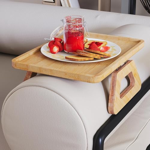 Couch Arm Tray,Bamboo Folding Sofa Tray,Sofa Armrest Trays Clip-On Couch Desk for Drinks,Snacks,Phone,Remote Control（Natural）