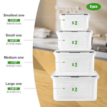 Fruit Storage Containers for Fridge with Removable Colander 8 pcs