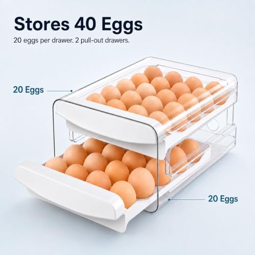 Egg Holder for Fridge, 40-Count Egg Organizer for Refrigerator with Drawers
