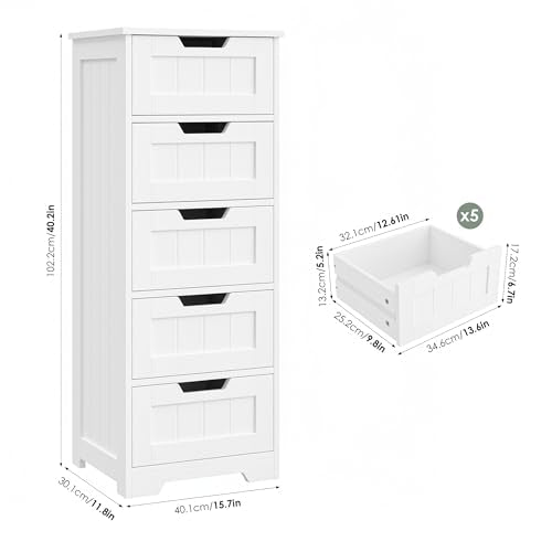 FOTOSOK Bathroom Cabinet, Bathroom Storage Cabinet with 5 Drawers, White | Narrow Bathroom Storage with Cut-Out Handles, 11.8” x 15.7” x 40.1”, Slim & Small Floor Cabinet for Laundry/Hallway