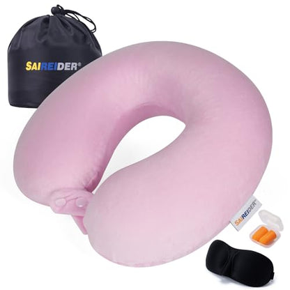 SAIREIDER Travel Neck Pillow 100% Memory Foam, Airplane Rest Prevents Head from Falling Forward, Plane Accessories with Storage Bag, Sleep Mask and Earplugs (Pink)