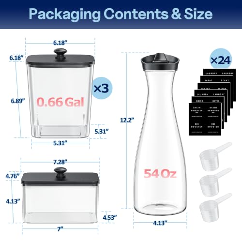 3+1+1 Pack Laundry Pods Container & Dryer Sheet Holder with Lid | 54OZ Soap Detergent Dispenser, Black Laundry Room Organization and Storage