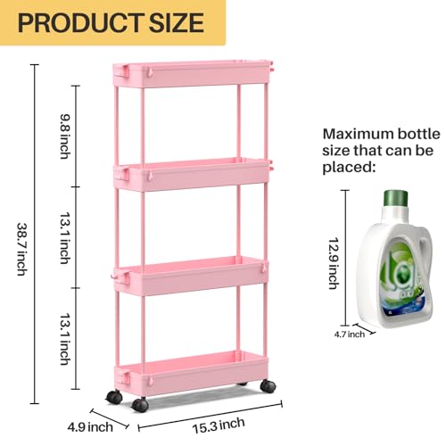 SPACEKEEPER Slim Rolling Storage Cart, 4 Tier Bathroom Cart Organizer, Pink | Narrow Rolling Cart with Wheels for Kitchen Office Bathroom Laundry Room,Mobile Utility Cart for Craft Art Makeup Nail Polish