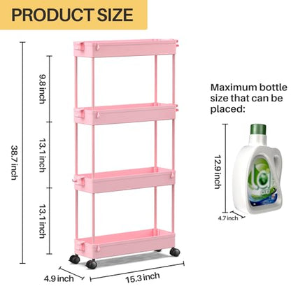SPACEKEEPER Slim Rolling Storage Cart, 4 Tier Bathroom Cart Organizer, Pink | Narrow Rolling Cart with Wheels for Kitchen Office Bathroom Laundry Room,Mobile Utility Cart for Craft Art Makeup Nail Polish