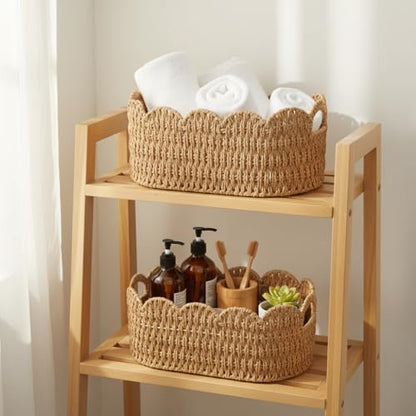 Paper Rope Scalloped Basket Set of 2, Wicker Storage Baskets for Shelves,Gifts,Books,Toys,Cute Decor Rattan Baskets for Organizing,Natural Color