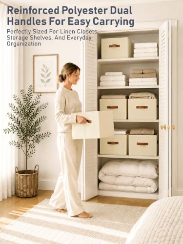 6 Pack Large Closet Storage Baskets Bins for Shelves, Collapsible Fabric Closet Organizers and Storage with Polyester Handles, Decorative Baskets for Organizing Clothes, Towels, Linen Closet 14"x10"