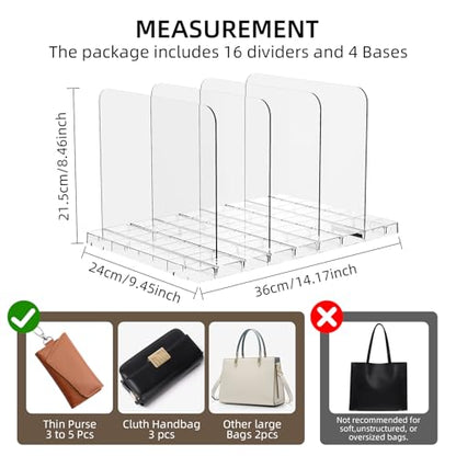 Stackable Bag & Purse Organizer for Closet Shelf Acrylic Shelf Dividers for Closet Organization, Clear Handbag Purse Storage Organizer Divider, Keep Clutch, Wallet, Pocketbook Upright, 4 Pack