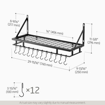 KES 30-Inch Kitchen Pan Pot Rack Wall Mounted, Hanging Storage Organizer | 88 Lbs Capacity, Wall Shelf with 12 Sturdy Hooks, 16-Inch Stud Mount, Matte Black, KUR215S75A-BK