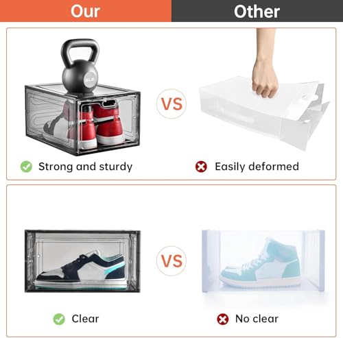12 Pack Gray Transparent Shoe Storage Organizer, Stackable Shoe Boxes for Closet, Drop Front Plastic Shoe Box with Grey Door, Easy to Assemble, Fit up US Size 12(13.4”x 9.8”x 7.1”)