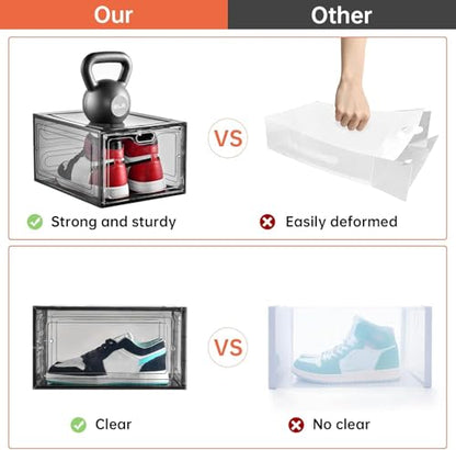 12 Pack Gray Transparent Shoe Storage Organizer, Stackable Shoe Boxes for Closet, Drop Front Plastic Shoe Box with Grey Door, Easy to Assemble, Fit up US Size 12(13.4”x 9.8”x 7.1”)