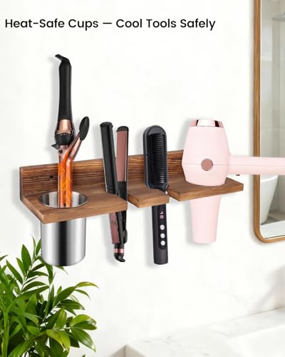 Hair Tool Organizer for Bathroom – Wall Mounted Hair Dryer Holder with Heat-Resistant Cups, Curling Iron & Straightener Rack, Blow Dryer Organizer for Vanity or Wall (Brown)
